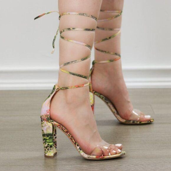 Ankle Strap High Heel Pump Sandal Spring Snake Laced-up Leg Tie Clear Toe Band - Picture 7 of 8